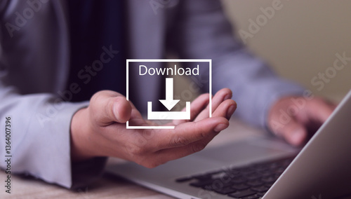 Businessman use laptop to download organizational information or documents. cloud storage technology, backup cyber security system.