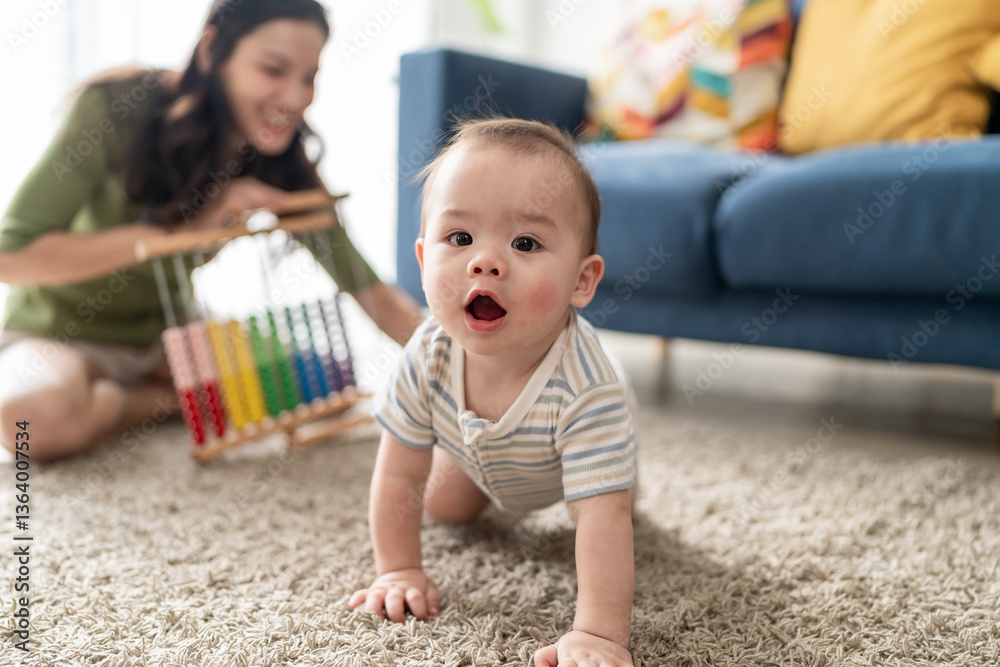 Asian single mother lovingly cares for and raises her baby boy at home. Asian single mother lovingly cares for and raises her baby boy at home.