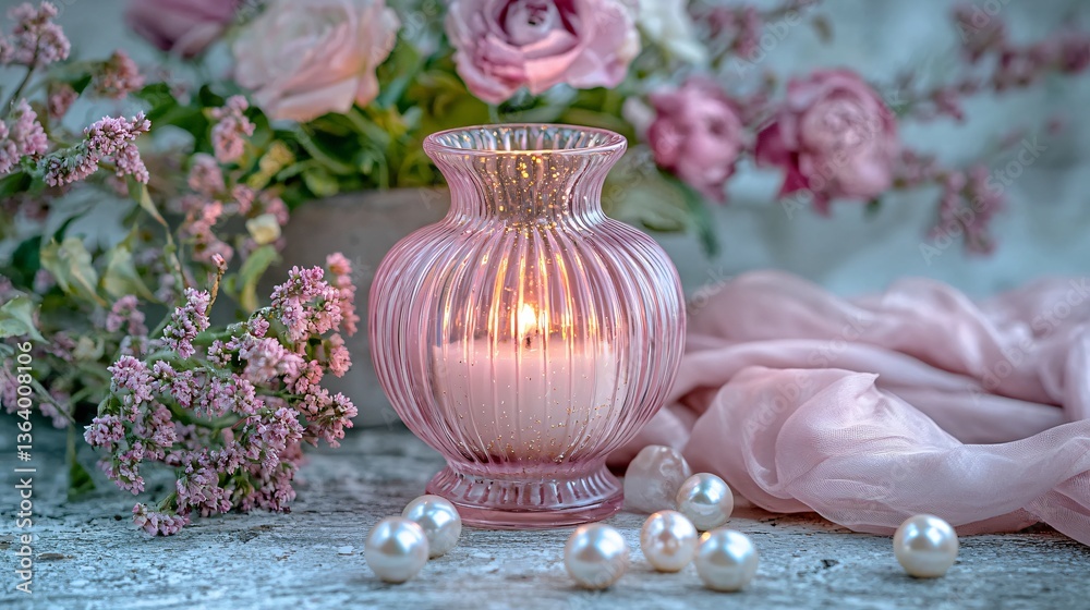Obraz premium Elegant Pink Candlelight Arrangement with Flowers Cozy Home Setting Decorative Photography Romantic Atmosphere