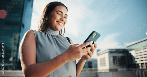 City, businesswoman and happy with smartphone for search, information and real estate agent. Low angle, female person and realtor with mobile for property listing, application and scroll on website