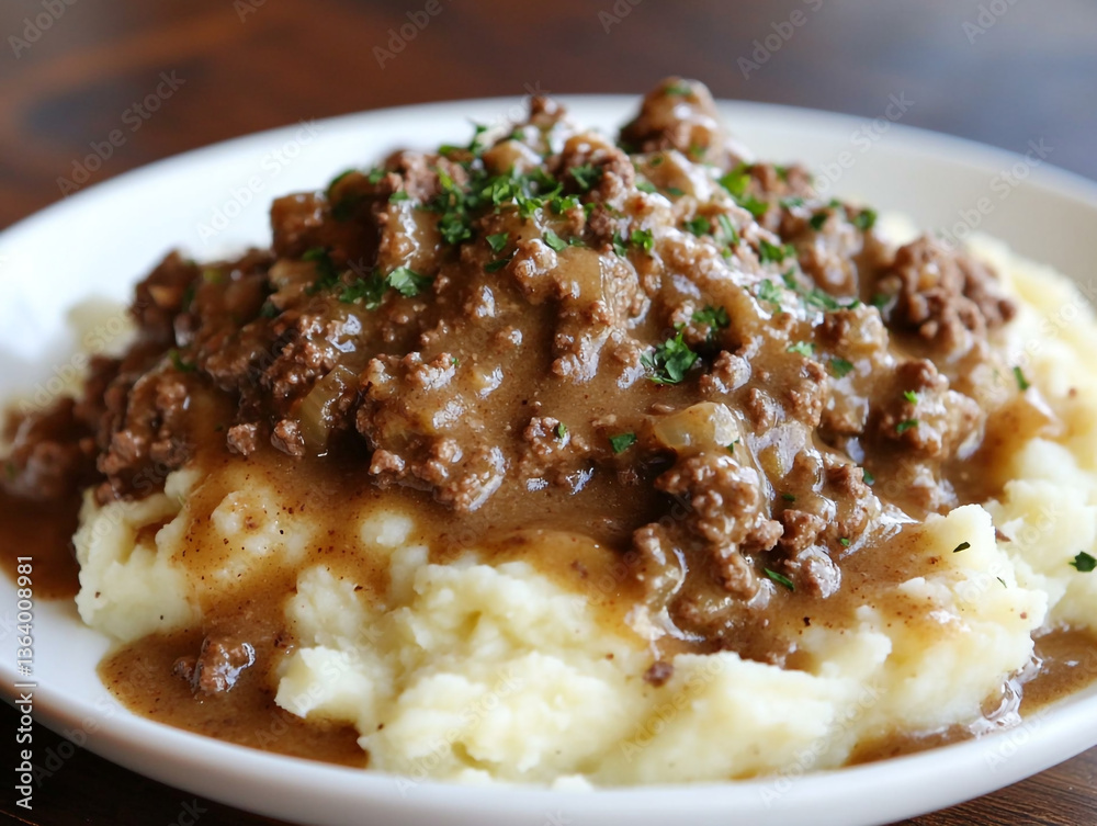 Mashed potatoes with ground beef and gravy, garnished with parsley. A hearty and appetizing dish, it exudes classic comfort food vibes. Mashed potatoes with ground beef and gravy, garnished with parsley. A hearty and appetizing dish, it exudes classic comfort food vibes.