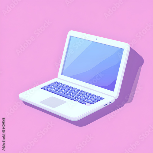 A vibrant, isometric illustration of a white laptop computer angled towards the upper right.