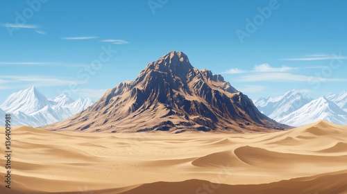 Majestic mountain rises from the desert landscape under a clear sky, with snowy peaks on horizon