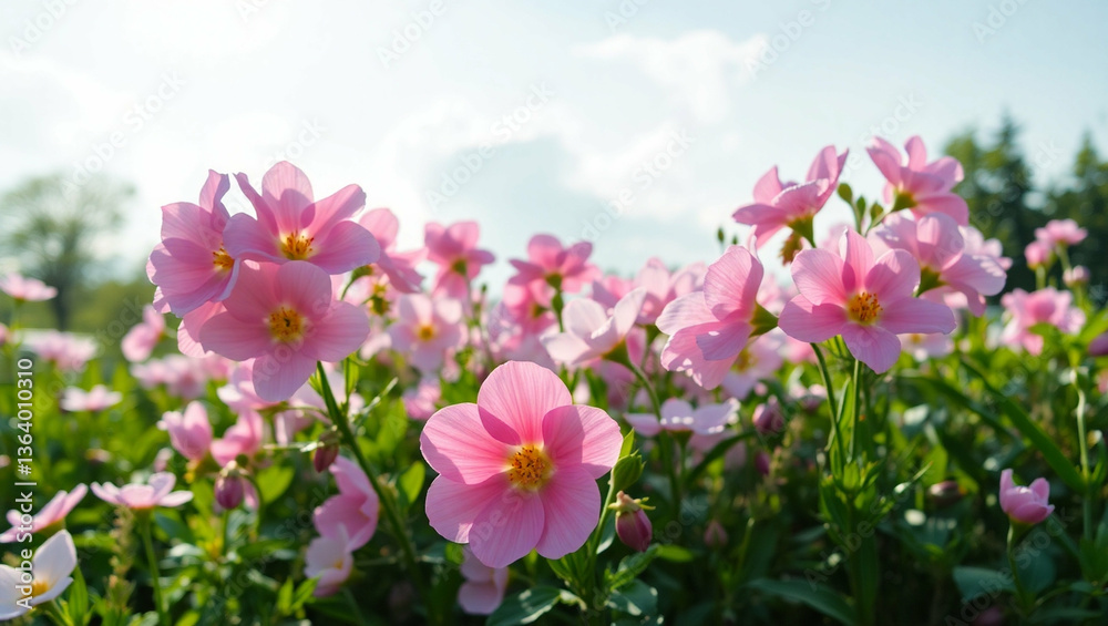 Captivating floral canvas displaying the delightful radiance of pink blossoms under a serene sky Captivating floral canvas displaying the delightful radiance of pink blossoms under a serene sky
