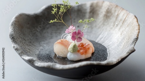 Exquisite Japanese Cuisine: Scallop Sashimi with Roe, Wasabi, and Floral Garnishes
