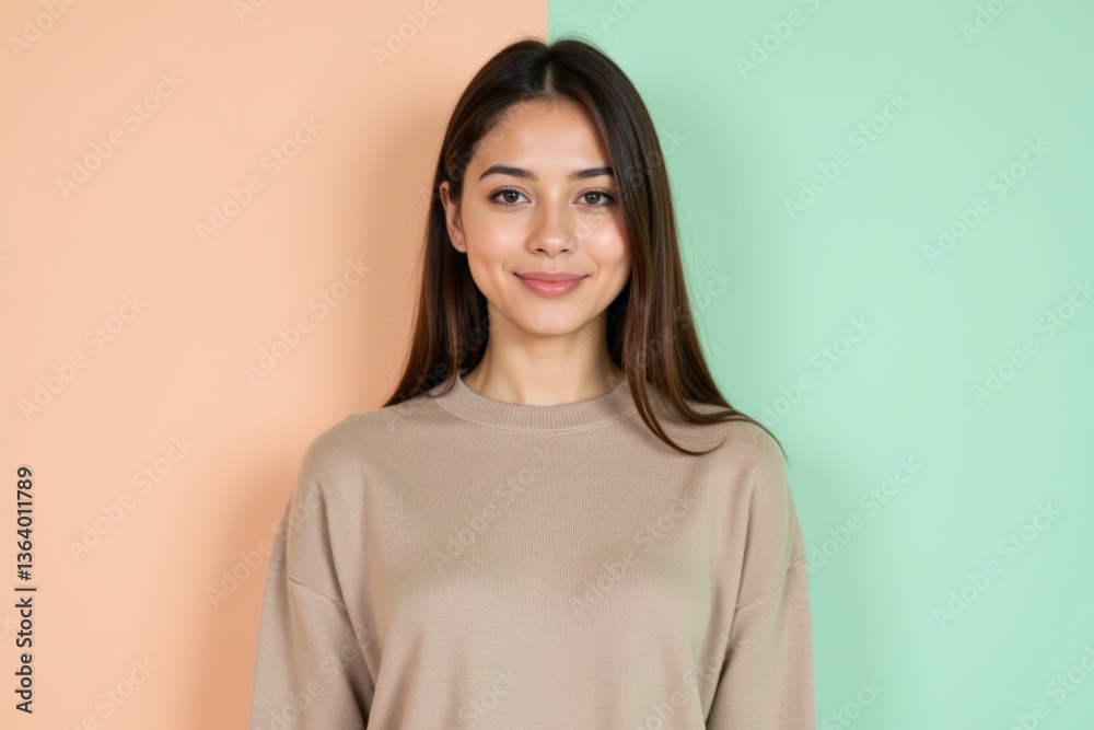 Obraz premium A Smiling Young Woman with Long Hair Wearing a Casual Beige Sweater, Posed Against a Colorful Pastel Background in Soft Peach and Mint Green Tones