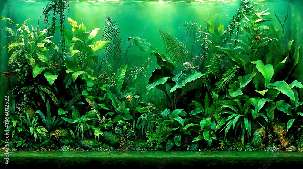 Obraz premium Lush green aquatic plants and fish in a planted aquarium tank.