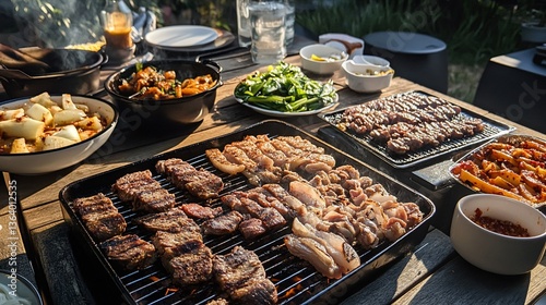 A lavish outdoor barbecue featuring grilled meats and various side dishes arranged on a wooden table