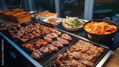 Assortment of Delicious Grilled Meats and Dishes Prepared on a Grill Station