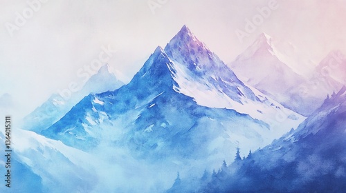 Watercolor painting of majestic mountains with snow-covered peaks and misty valleys