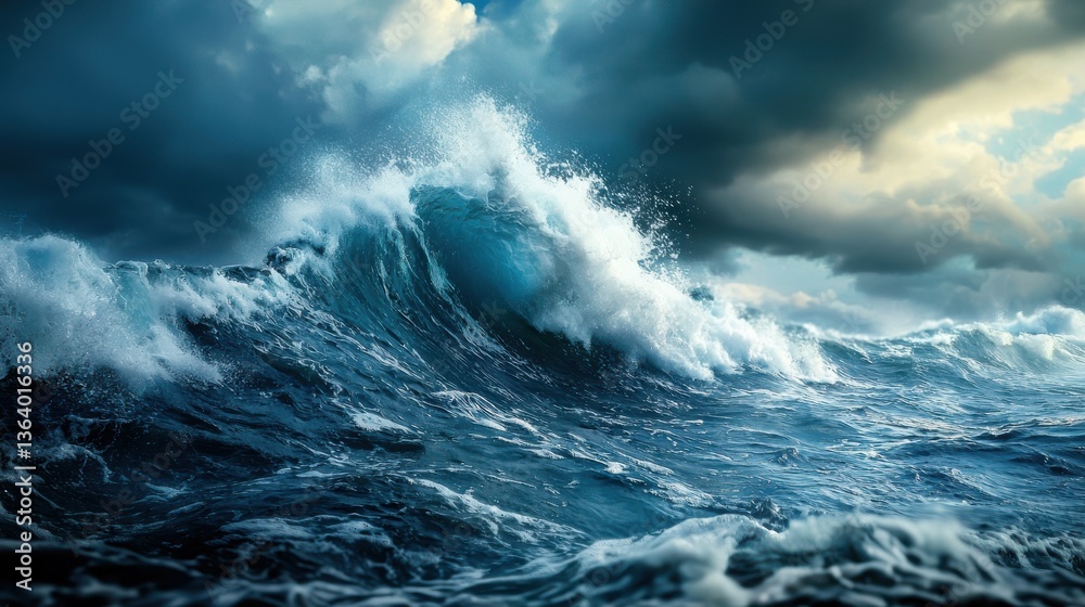 Powerful and Dramatic Stormy Ocean Wave Crashing Against the Horizon in Turbulent Seascape  Majestic Awe Inspiring Natural Force Showcasing the Raw Beauty and Untamed Power of the Sea
