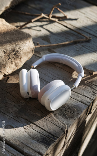 headphones on wooden table