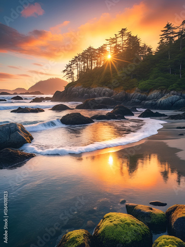 Rocky Shore on West Coast of Pacific Ocean in Tofino. Cox Bay in Vancouver Island, British Columbia, Canada. Sunset Sky. Nature Panorama