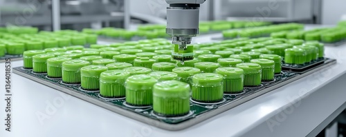 A robotic arm placing objects on a tray in a factory setting