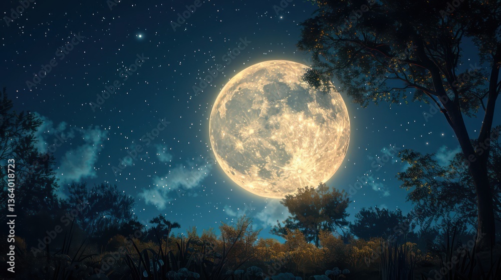 Fototapeta premium Magical Night with Full Moon. Stunning Illustration of Nature's Beauty