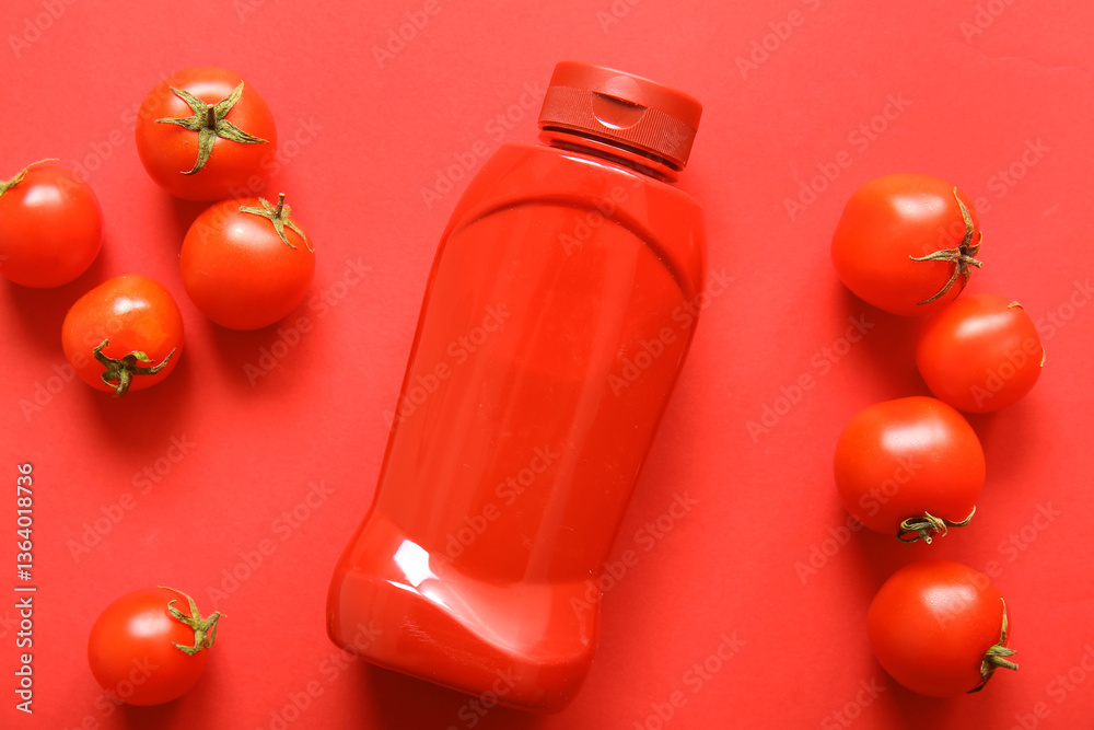 Fototapeta premium Bottle of ketchup and tomatoes on red background