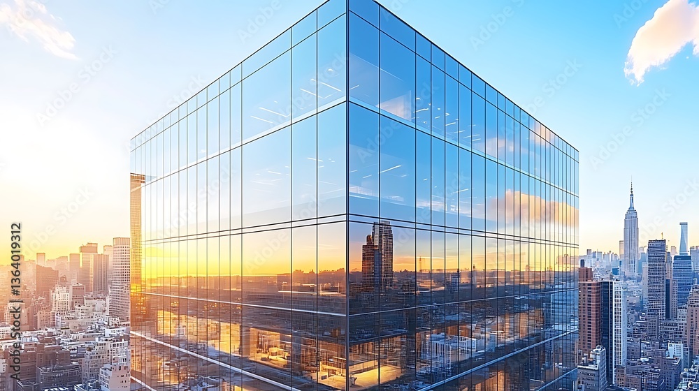 Fototapeta premium Modern glass skyscraper reflecting sunset cityscape.