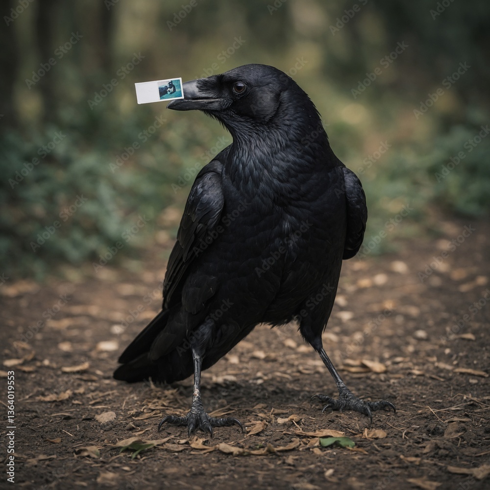 Obraz premium A crow carrying a small polaroid picture in its beak.