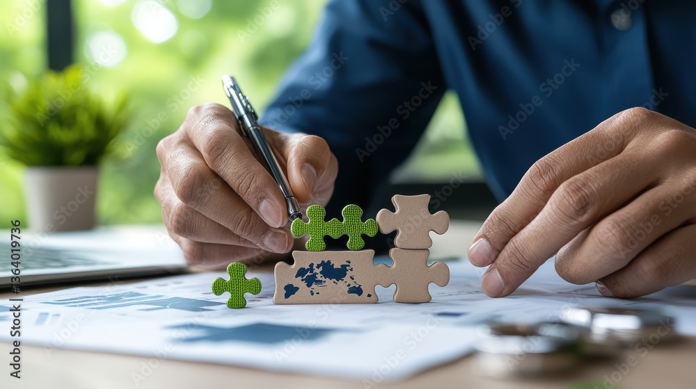Fototapeta premium Businessman assembling jigsaw puzzle pieces on desk representing teamwork problem solving and strategy in a corporate office setting for business success and growth