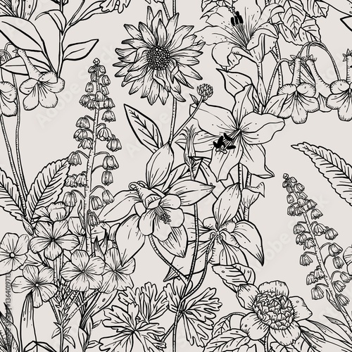 Aesthetic line art pattern background, seamless botanical black and white design photo