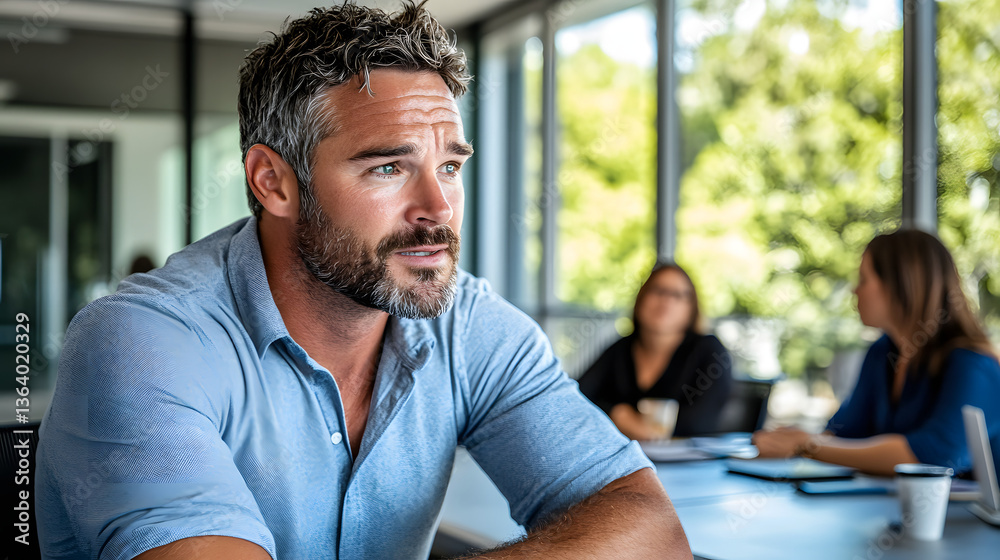 Attractive man, dressed in casual attire, photographed as he faces his co-workers with anxiety Attractive man, dressed in casual attire, photographed as he faces his co-workers with anxiety