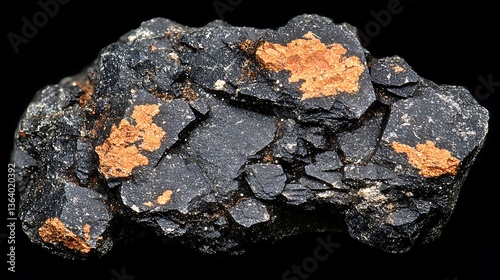 Rough black rock with orange mineral inclusions.