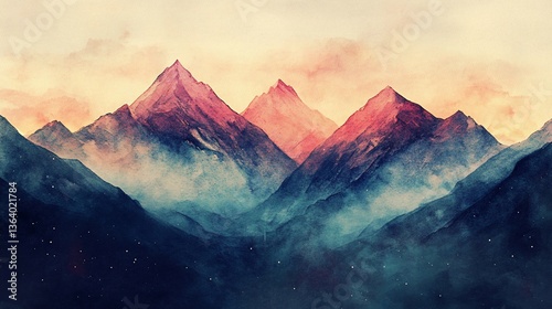 Watercolor Painting of Majestic Mountain Peaks at Dusk with a Calm Atmosphere