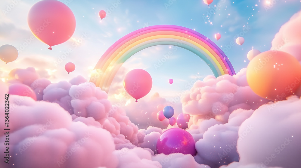 Dreamy Balloons and Rainbow in Cloudy Skies Dreamy Balloons and Rainbow in Cloudy Skies