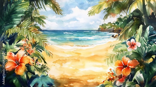 Watercolor Tropical Beach with Hibiscus Flowers and Palm Trees Paradise Scene