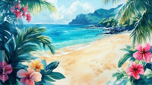 Watercolor beach scene featuring turquoise waters, sandy shores, and vibrant tropical flora with distant mountains