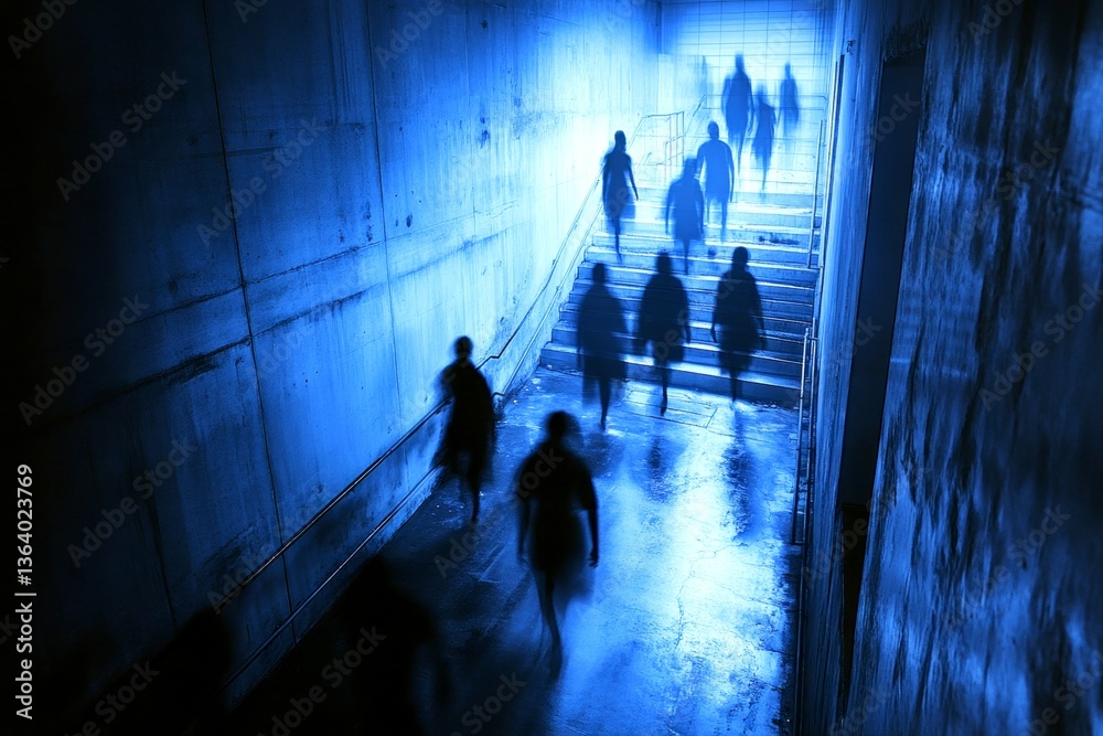 Shadowy figures - nightmares, bad dreams: abstract image of well-being. Metaphorical shadowy figures awareness of fear and despair. Ghostly nightmares. Frightful sleep. Subconscious horror.