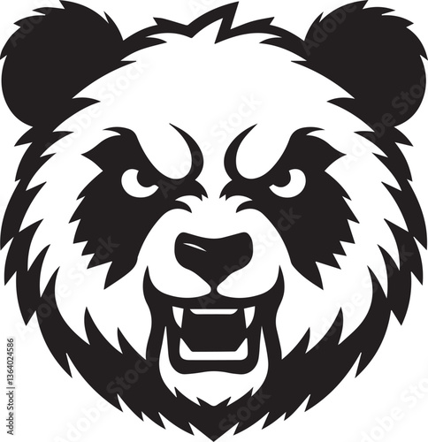 angry panda head vector illustration, panda head clipart, panda head silhouette vector black and white