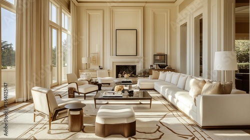 A spacious living room with natural light, featuring a neutral color scheme and modern furniture