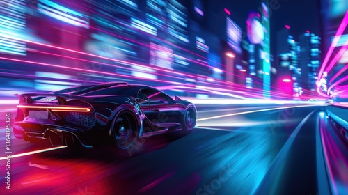 Black Sports Car Driving Through Neon Cityscape