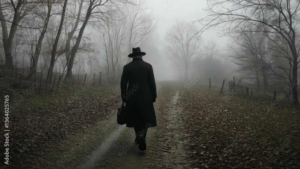 Individual walking along a foggy path in a wooded area, carrying a briefcase during a somber atmosphere