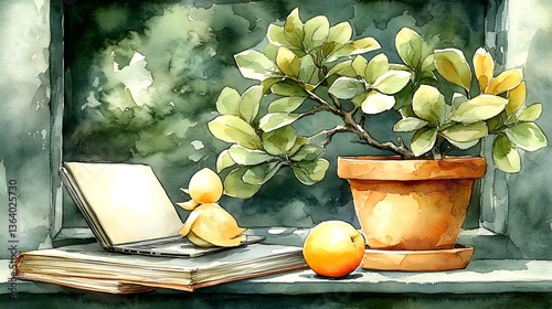 Watercolor still life of plant, fruit, books, and figurine.