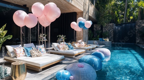 Outdoor Pool Party Setup with Pink and Blue Balloons and Lounge Chairs Beside a Waterfall