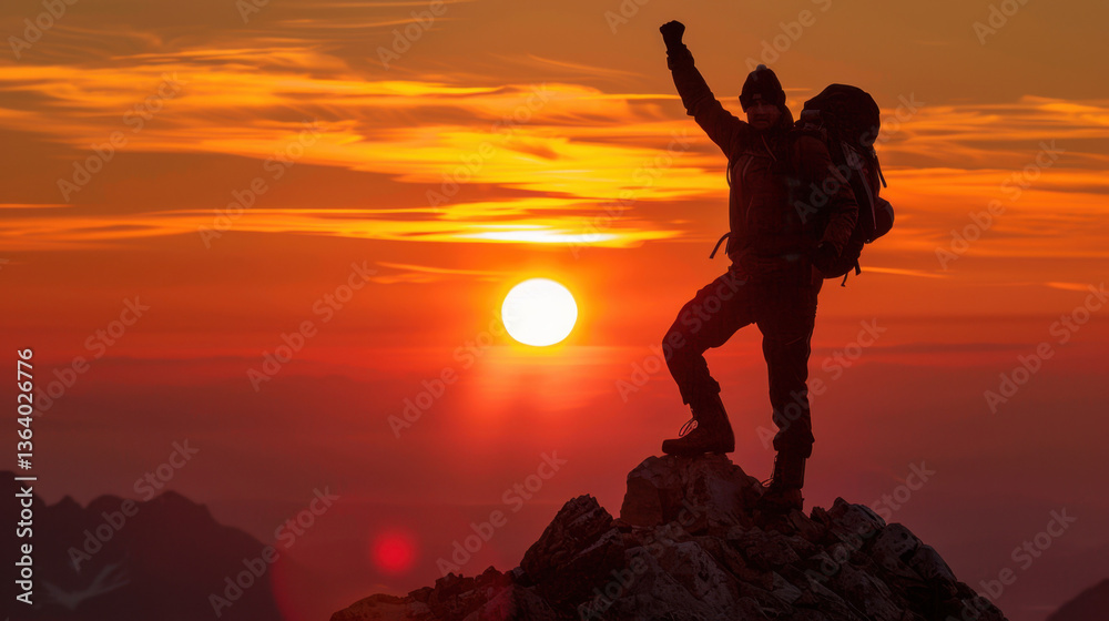 Fototapeta premium Hiker at the Peak: On the mountaintop, a hiker stands silhouetted against the stunning sunset, a moment of triumph as they gaze over the vast, beautiful landscape. 