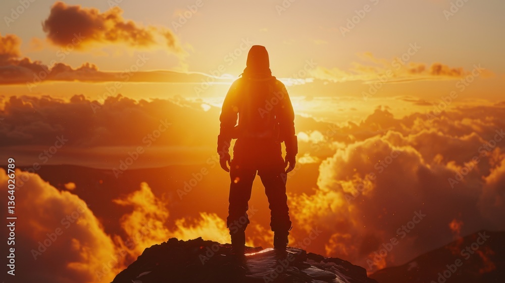 Obraz premium Hiker at the Peak: A solo hiker stands proudly at the peak, their silhouette outlined by the fiery sunset, embodying the triumph of reaching the top after a long journey.