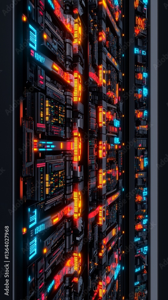 Naklejka premium A futuristic server rack illuminated with vibrant lights, showcasing advanced technology and complex data processing capabilities.