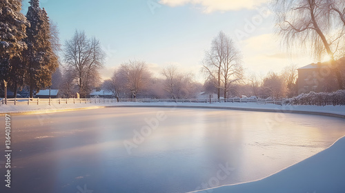 A serene morning scene of an empty ice rink surrounded by snow, waiting for skaters.