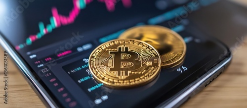 Bitcoin on phone, crypto chart, wood desk