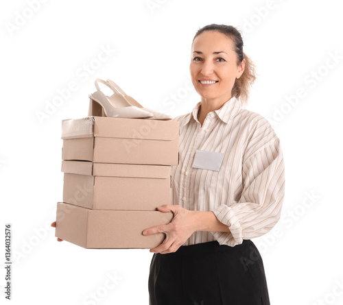 Happy female shoemaker with badge holding boxes and shoes on white background