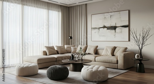 Wicker and fabric pouf near white corner sofa. Minimalist interior design of modern living room.
