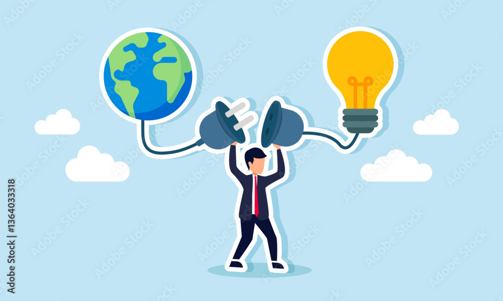 A businessman prepares to connect a power plug linked to a globe and a lit lamp, illustration of connectivity between business market coverage and creative ideas and innovation A businessman prepares to connect a power plug linked to a globe and a lit lamp, illustration of connectivity between business market coverage and creative ideas and innovation