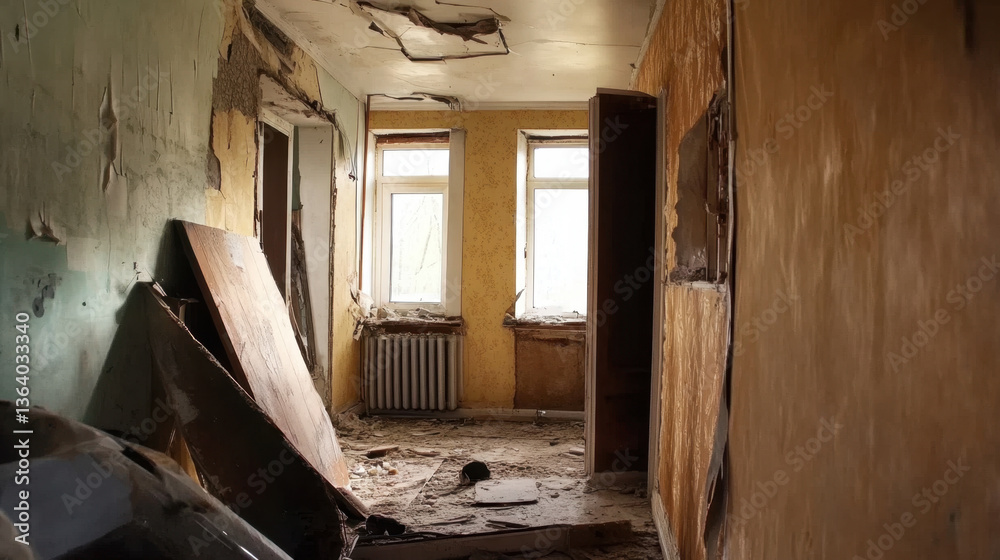 Obraz premium Abandoned room with peeling walls, broken windows, and debris scattered on floor, evoking sense of neglect and decay. atmosphere is heavy with remnants of once lived space