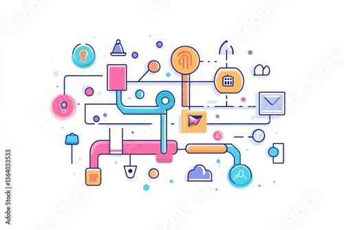 Colorful interconnected process flow diagram on white background
