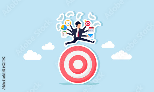 A businessman with multiple hands, each holding a work icon, runs around a target board, illustration of multitasking ability in achieving business targets