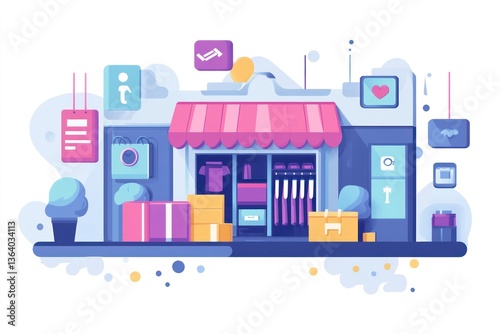 Trendy shop storefront, online delivery, gifts, and retail