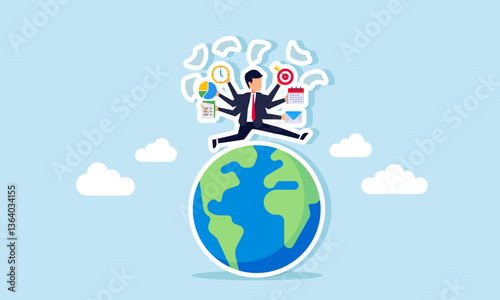 A businessman with multiple hands, each holding a work icon, runs around the globe, illustration of multitasking ability in covering business market areas